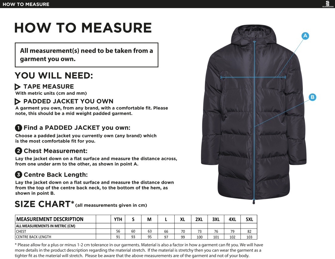 Active Long Padded Jacket - Black - Size Guide