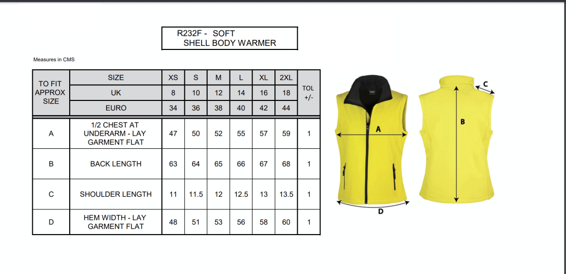 Core Printable Softshell Gilet Female: White - Size Guide