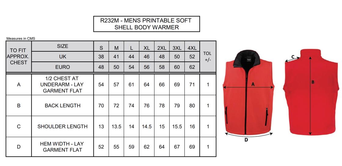 Core Printable Softshell Gilet Male: Yellow/Black - Size Guide