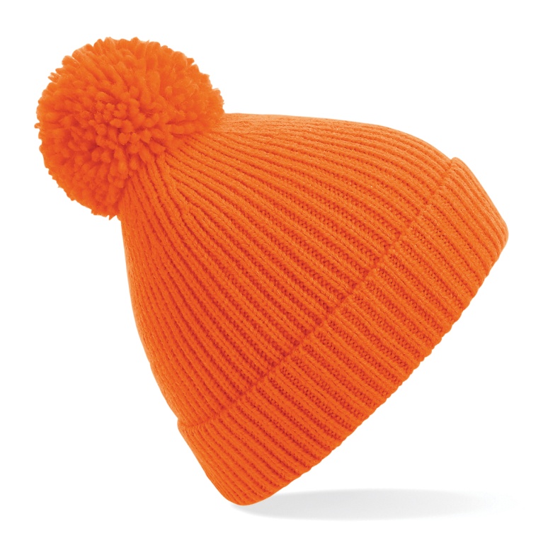 Engineered Knit Ribbed Pom Pom Beanie : Orange