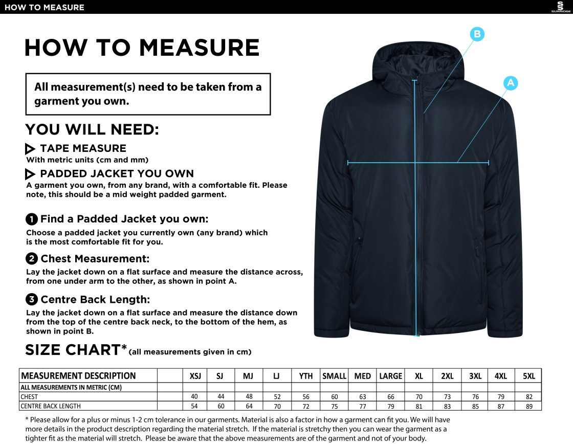 Active Padded Jacket : Black - Size Guide