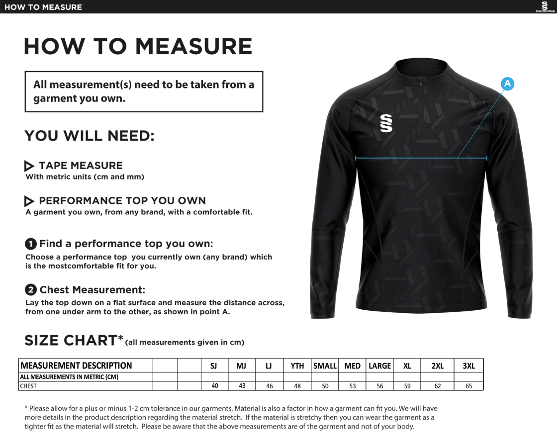 Impact 1/4 Zip Performance Top : Navy - Size Guide